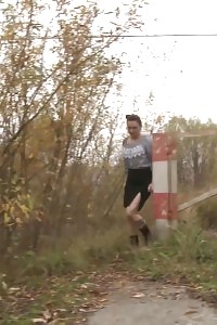 Black Haired Secretary Squats And Pissing Outside