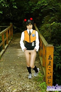 Asian Minx In Pigtails And Outfit Displays Her Hairy Cunt And Her Lovely Toys