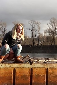 Tempting Blonde Squatting To Pee By The Watershed