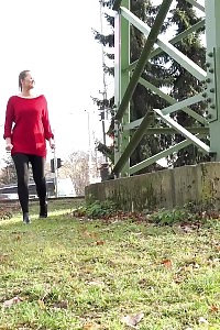 Delightful Light-haired In Glasses Relieves Herself In Outdoor